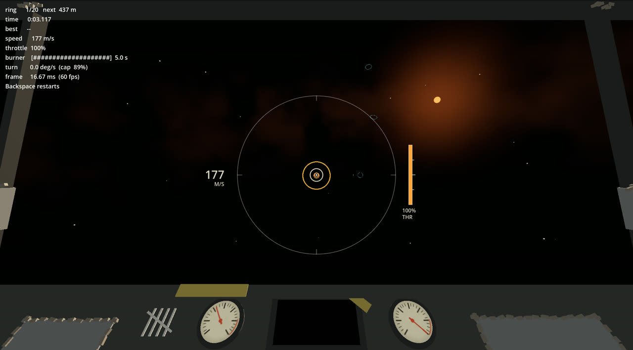 Clod Commander: a cockpit view of a dark orange nebula with a flight reticle, speed and throttle readouts.
