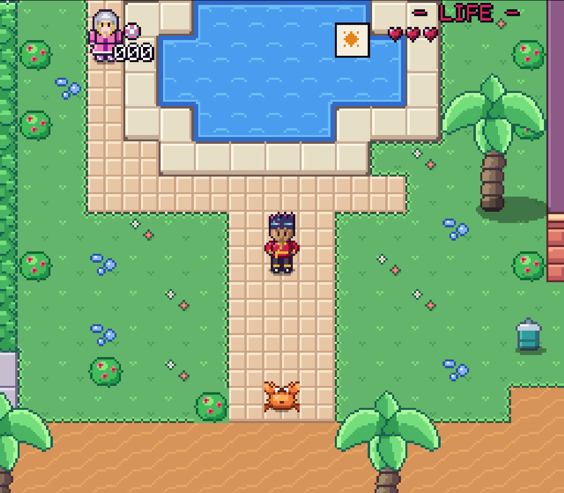 Hero of Tiles: Night Shift: a 16-bit motel courtyard with a pool, palms and the hero on the path.