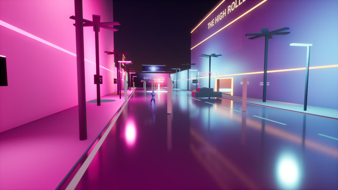 Port Indulgence: Reboot: a wet neon street at night under pink and teal light, a lone figure in the distance.
