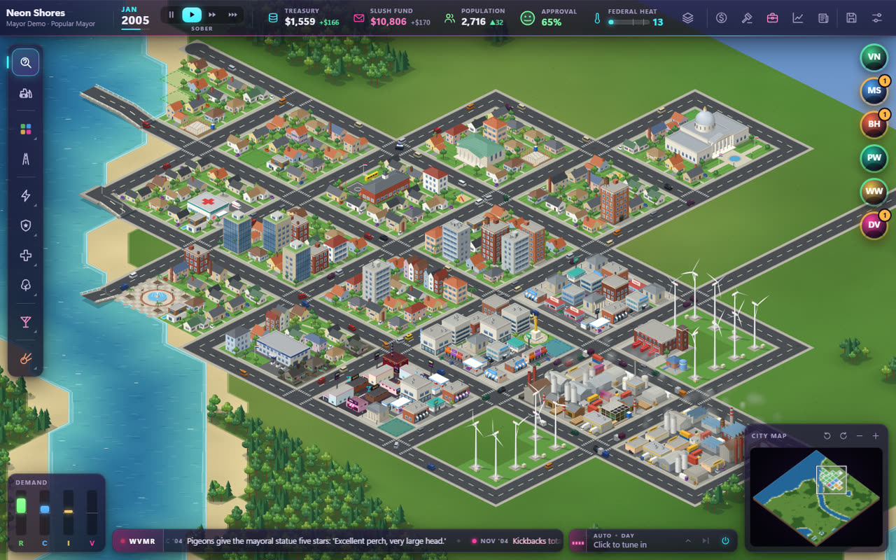 Vice Mayor: an isometric town at midday with a treasury, slush fund, approval and federal Heat readouts along the top.